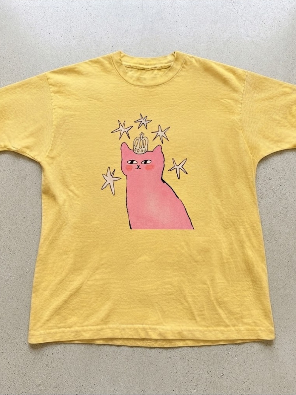 Cute Pink Crown Cat Graphic Yellow Cotton Gildan T-Shirt